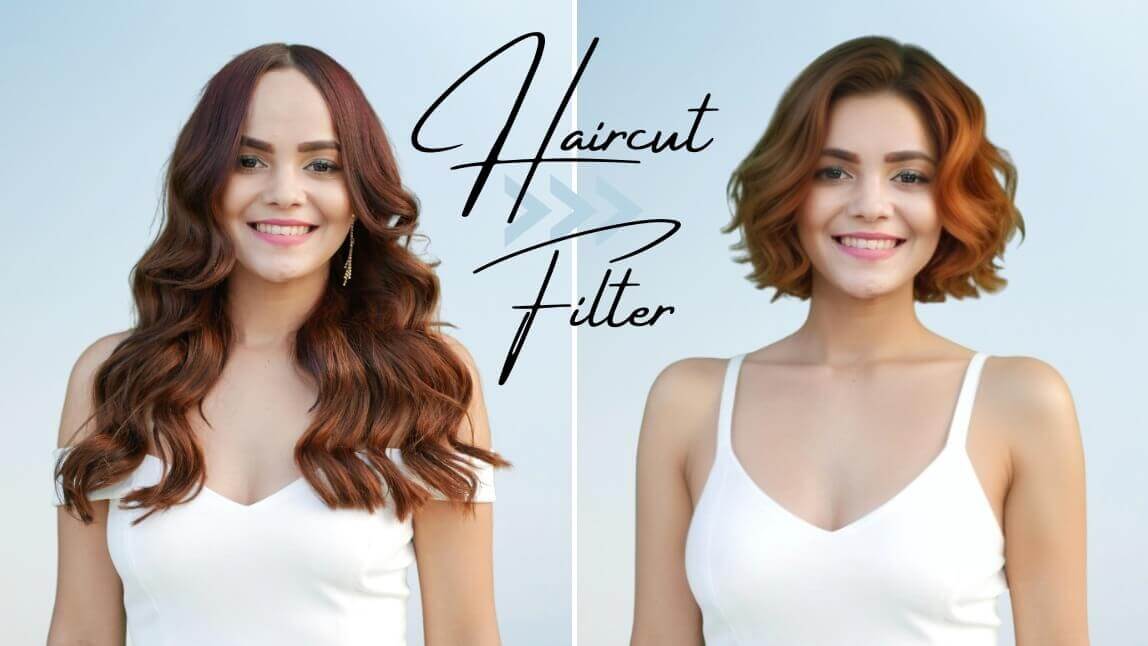 Mulher usando o simulador de corte de cabelo para testar um penteado curto antes e depois.