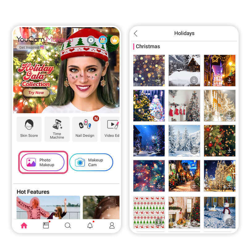 Try Christmas backgrounds in the best app YouCam Makeup