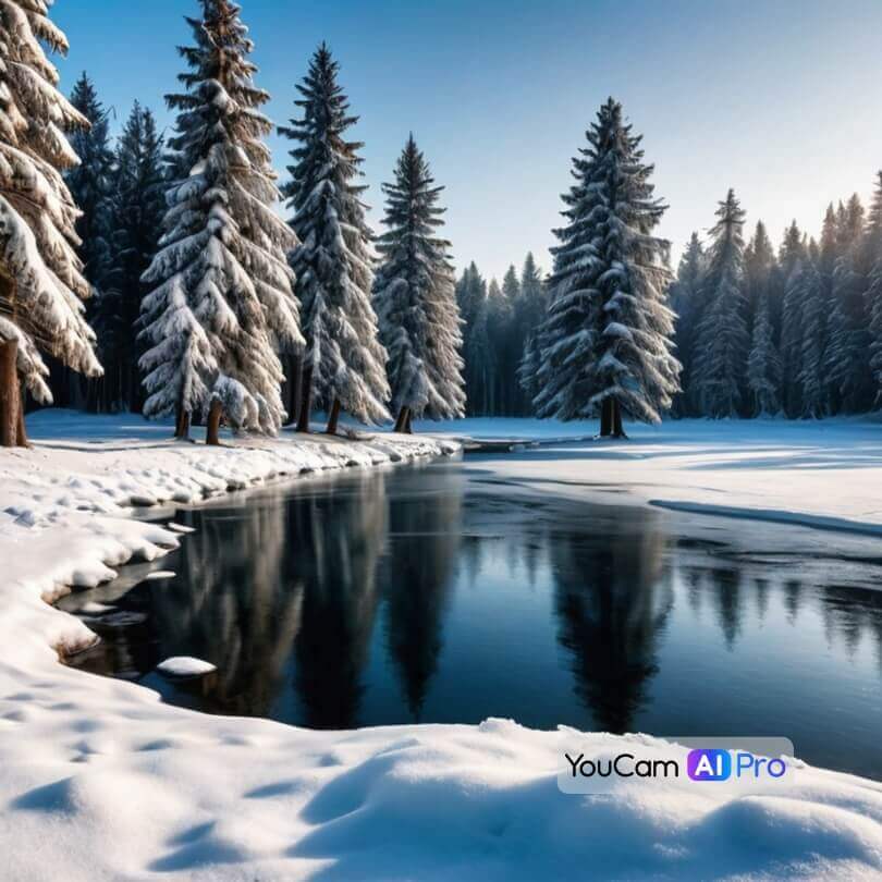 Eine Winterlandschaft mit einem zugefrorenen See und schneebedeckten Tannenbäumen