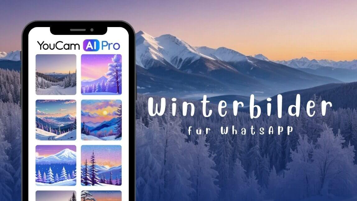 Winterlandschaft mit Handy auf dem kleine Winterbilder in verschiedenen Stilen angezeigt werden