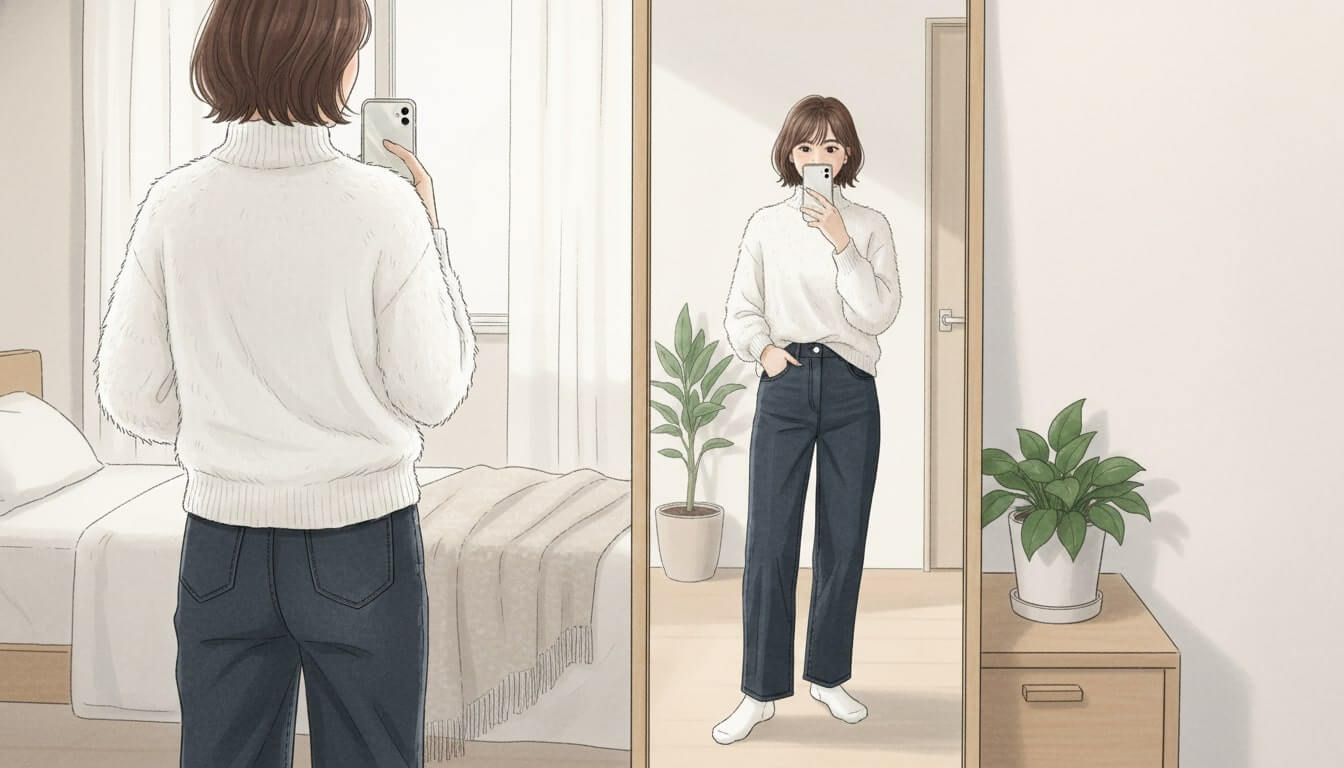 鏡越しで全身コーデをチェックし写真を撮る