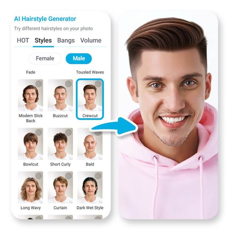 Ein Mann probiert virtuell verschiedene Männerfrisuren mit dem YouCam Online Editor an.
