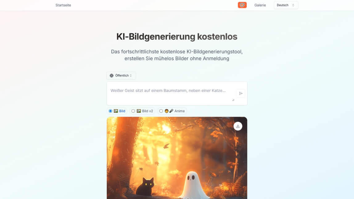 Die Webseite des Online-Tools AIGAZOU, das schnelle KI-Bilder ohne Anmeldung generiert.