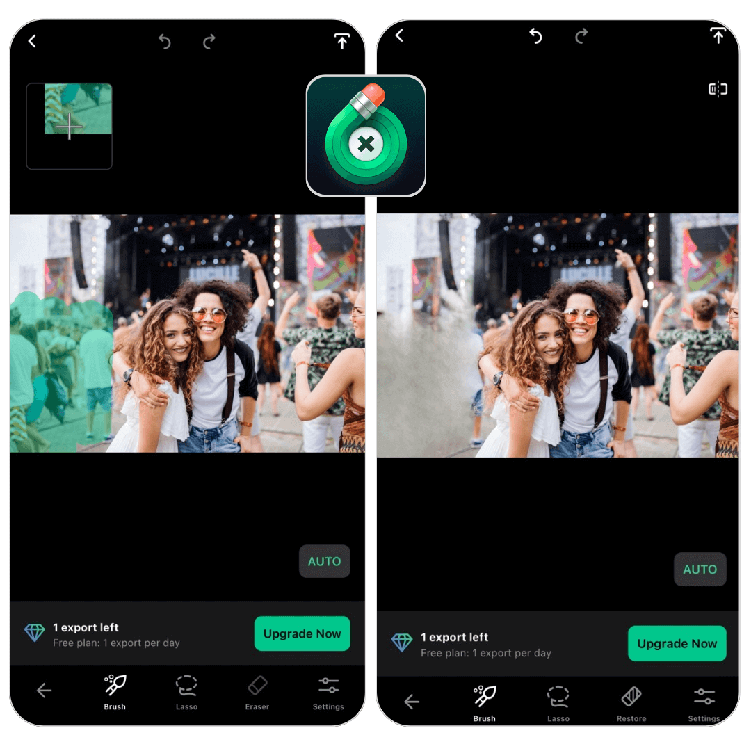Benutzeroberfläche der TouchRetouch App, die ein Bild mit markierten Objekten zur Entfernung zeigt.