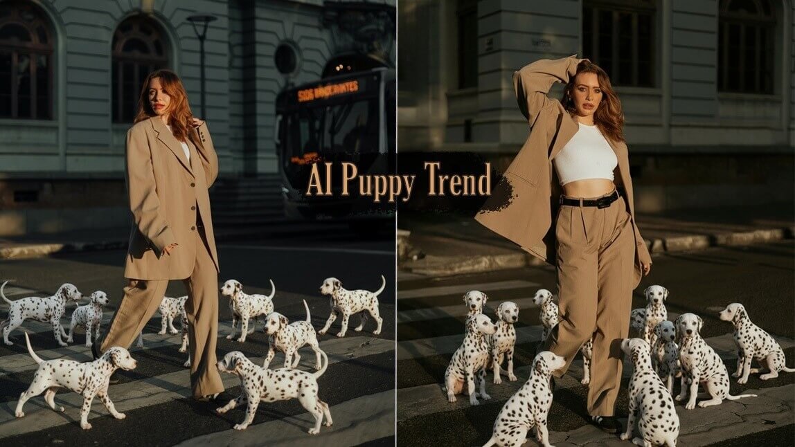 Eine Frau umgeben von Dalmatiner-Welpen als Beispiel für den viralen AI Puppy Trend auf TikTok.