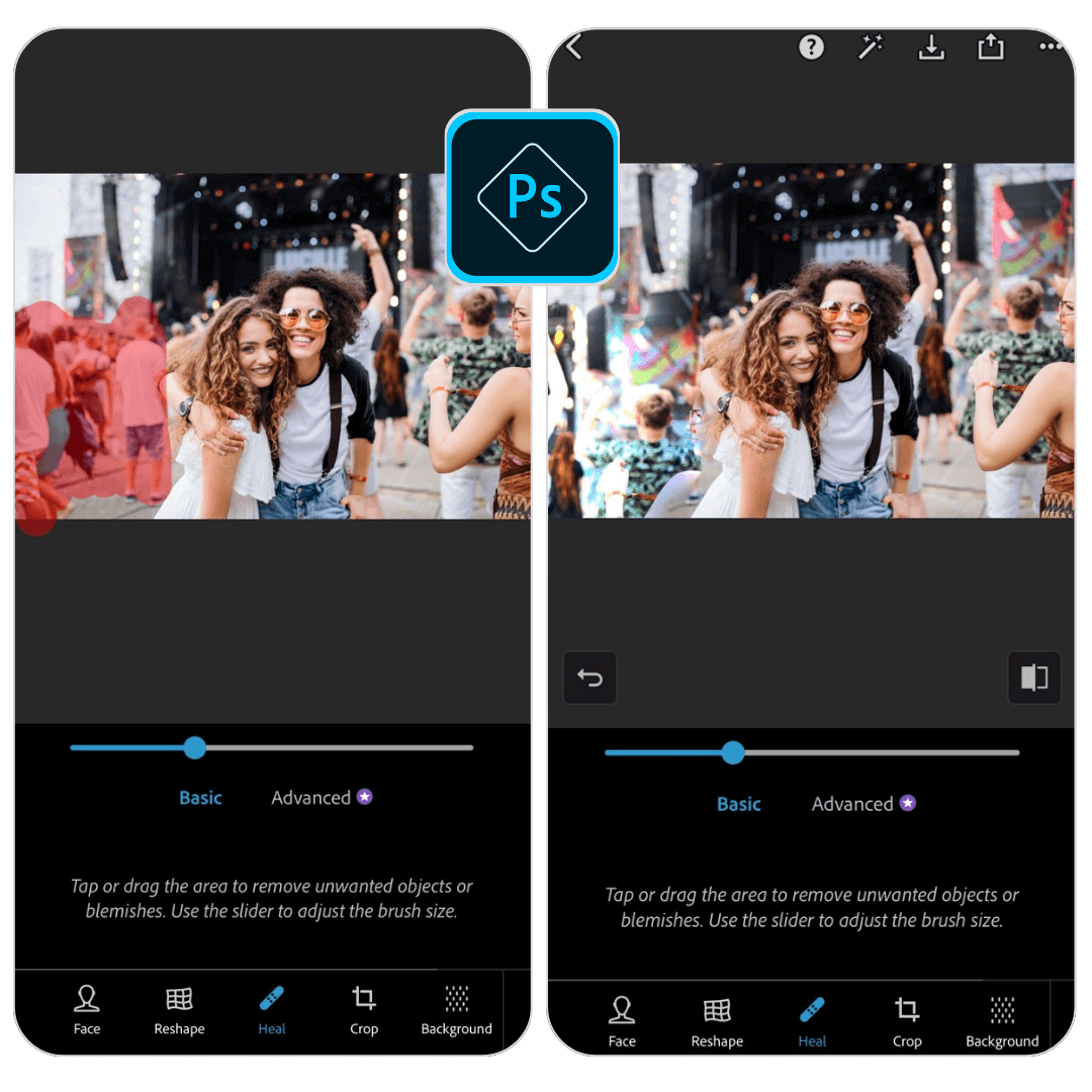 Screenshot der Adobe Photoshop Express App, die das Werkzeug zum Entfernen von Objekten zeigt.