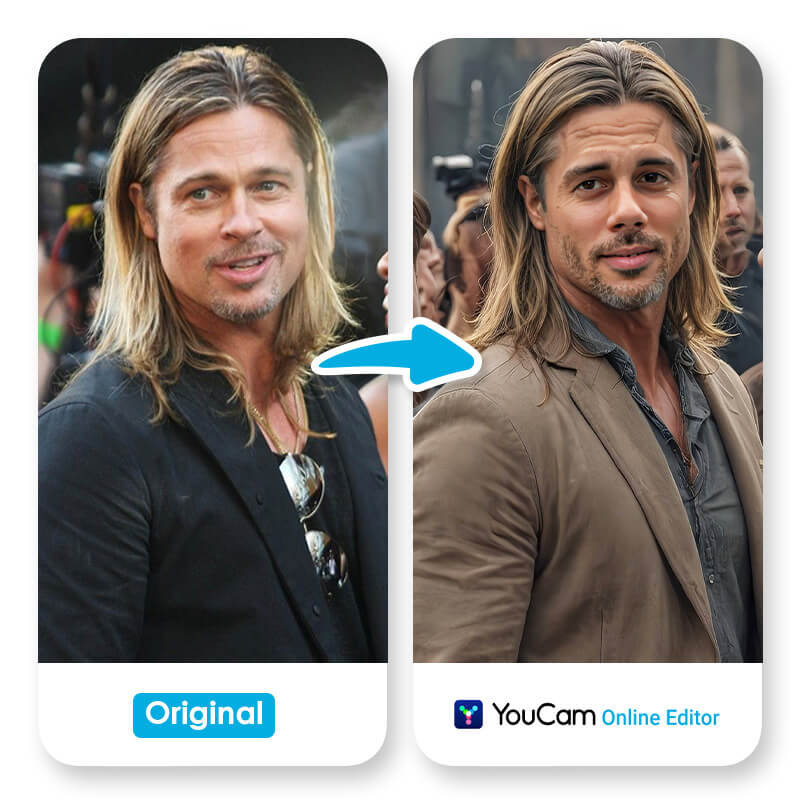 Brad Pitt mit langem, fließendem Haar und Bart.