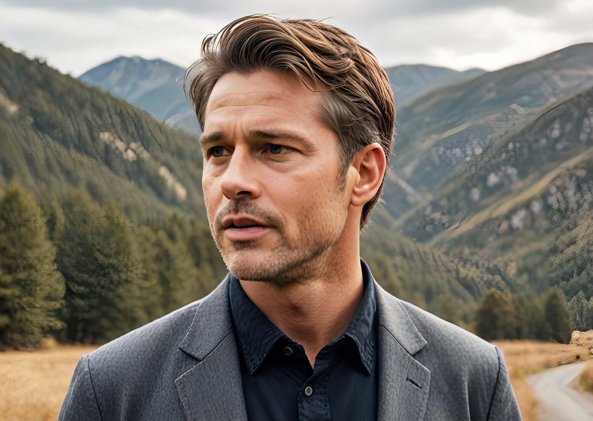 Collage von verschiedenen Brad Pitt Frisuren, die man virtuell anprobieren kann.
