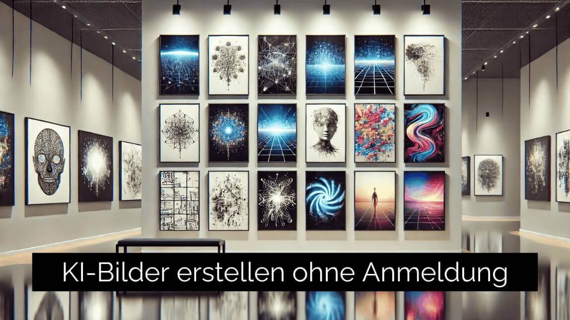 Eine moderne Kunstgalerie, deren Wände mit zahlreichen Beispielen für KI-generierte Kunst gefüllt sind. Im Vordergrund steht der Text "KI-Bilder erstellen ohne Anmeldung".