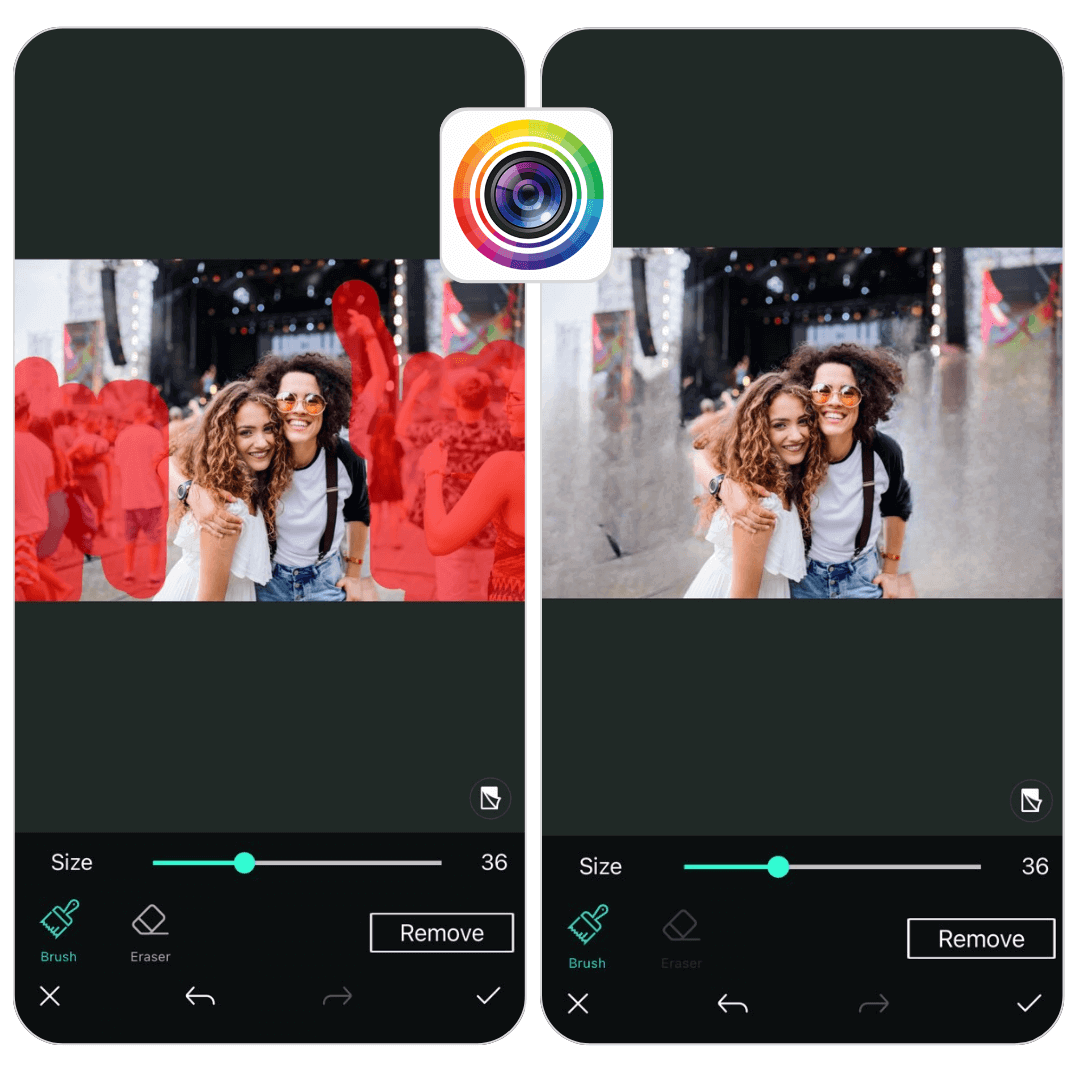 Screenshot der PhotoDirector App, der die KI-gestützte Objektentfernung demonstriert.