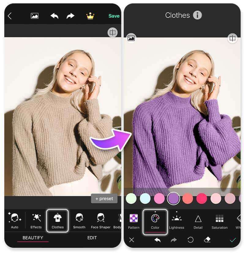 Mude a cor da sua blusa na foto com um clique Exemplo de como mudar a cor de roupa online grátis, alterando uma blusa amarela para azul.