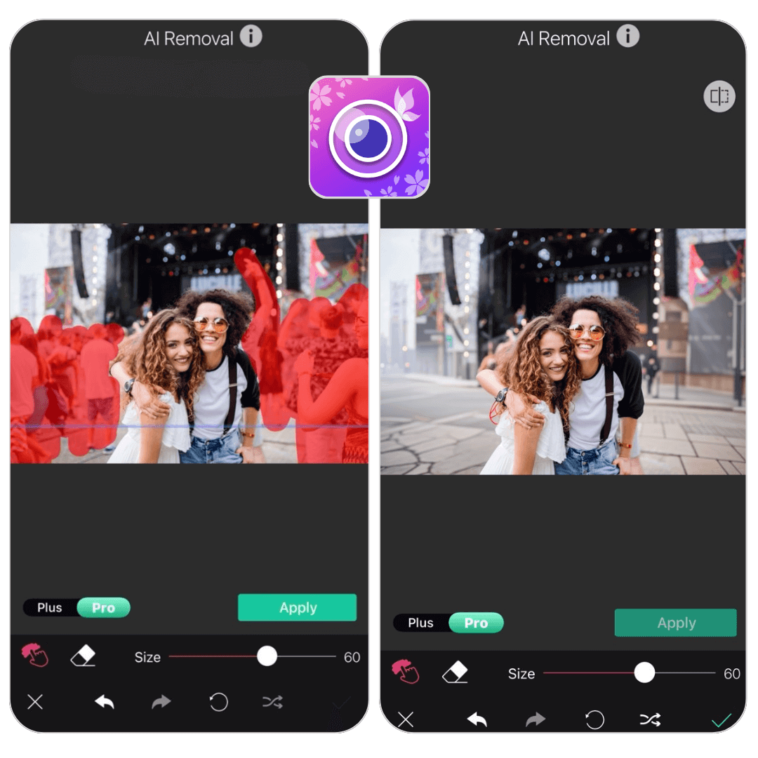 Vorher-Nachher-Bild, das eine Frau vor einer Wand zeigt, bei der eine Person im Hintergrund mit der YouCam Perfect App entfernt wurde.