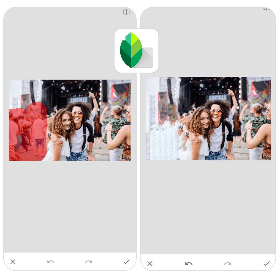 Die 'Reparieren'-Funktion in der Snapseed App wird auf einem Foto angewendet.