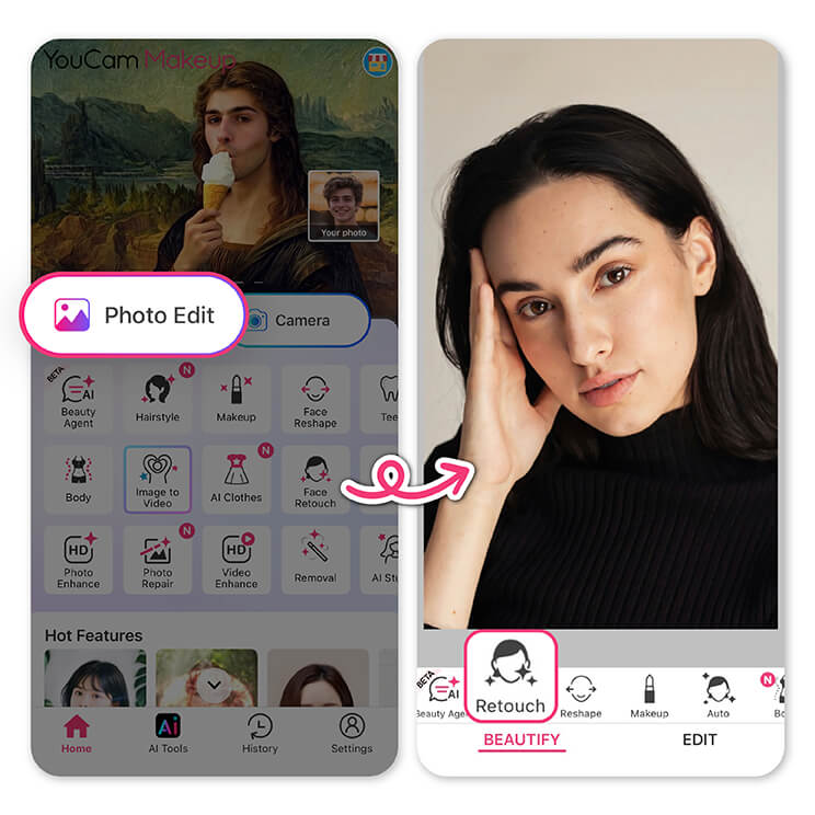Open the YouCam Makeup app and go to Photo Edit. Open the YouCam Makeup app and go to Photo Edit.