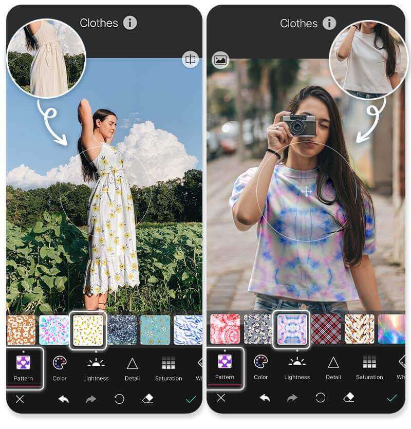 Mude a estampa da sua roupa na foto Mulher usando o app YouCam Perfect para adicionar uma estampa e trocar a cor da roupa em sua foto.