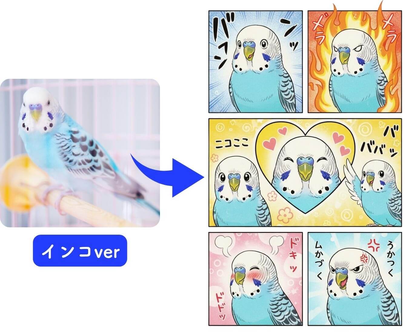 かわいいペットのAI漫画（インコバージョン）