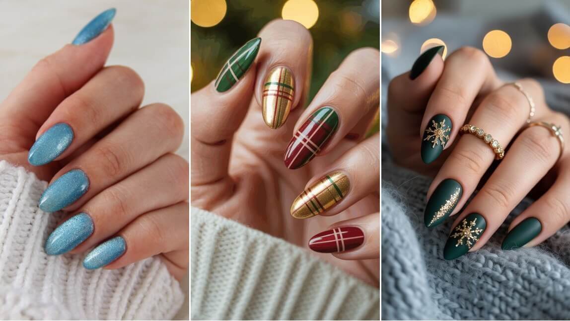 Colagem de três fotos mostrando ideias de unhas decoradas para o Natal