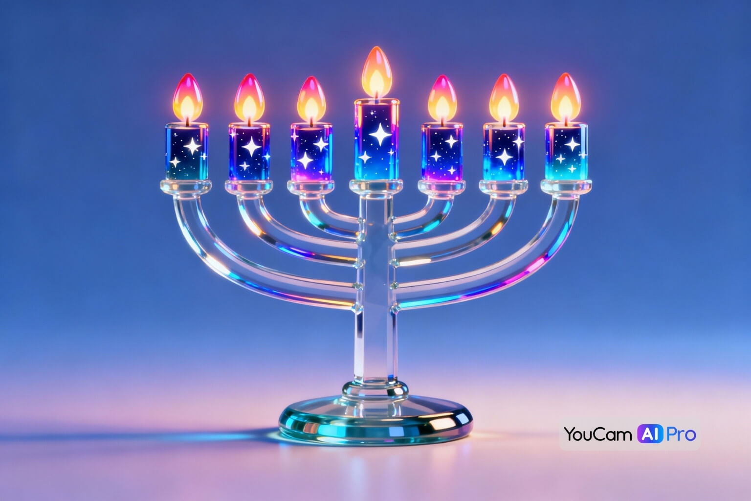 Eine moderne, aus Glas gefertigte Chanukkia mit neun leuchtenden Kerzen, deren Inneres wie ein Sternenhimmel aussieht. KI-generiertes Bild.