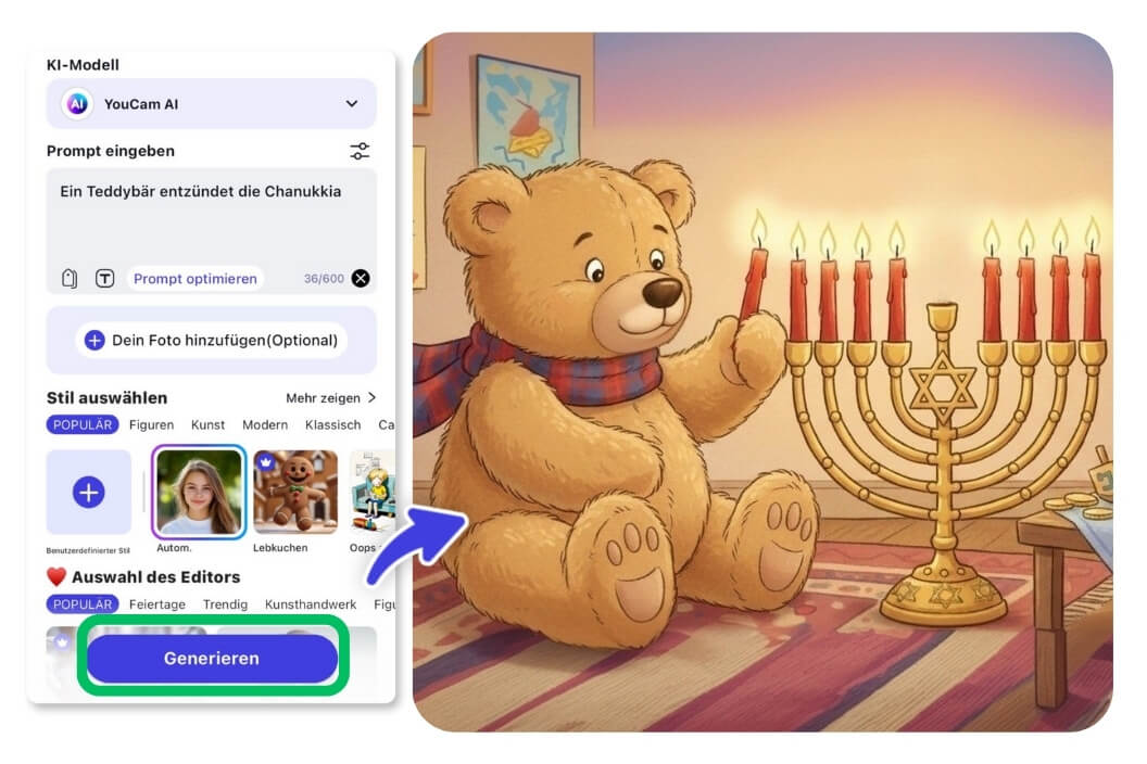 Das Ergebnis der KI-Bilderstellung: Ein Teddybär im Cartoon-Stil zündet eine Chanukkia an, basierend auf dem eingegebenen Prompt.