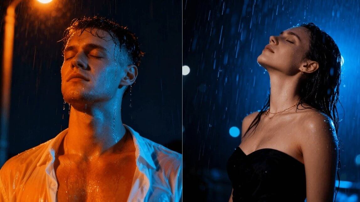 Retrato cinematográfico com efeito de chuva IA, iluminação azul e gotas realistas na pele.