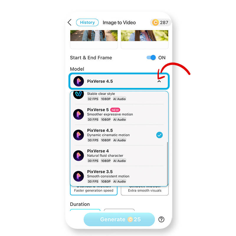 Escolhendo o motor de IA PixVerse