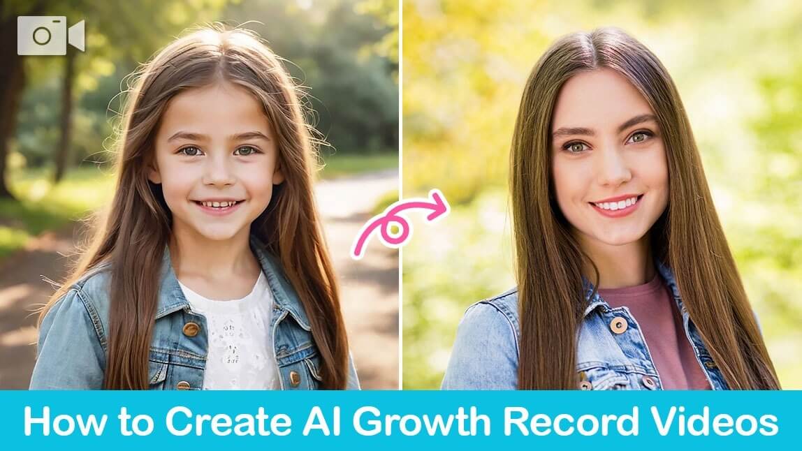 Comparação antes e depois de menina se transformando em mulher adulta para tutorial de como criar vídeo de evolução de idade e crescimento com IA.