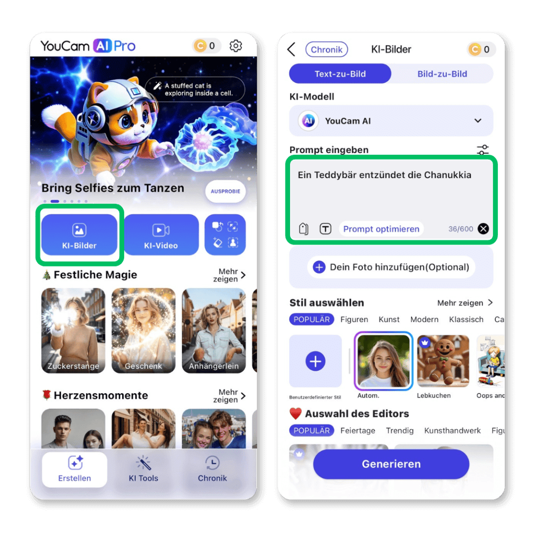 Schritt-für-Schritt-Anleitung in der YouCam AI Pro App: Auswahl der Funktion "KI-Bilder" und Eingabe eines Prompts für ein Chanukka-Bild.