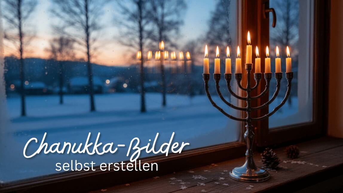 Eine leuchtende Chanukkia mit neun brennenden Kerzen steht auf einem Fensterbrett vor einer verschneiten Winterlandschaft bei Dämmerung.