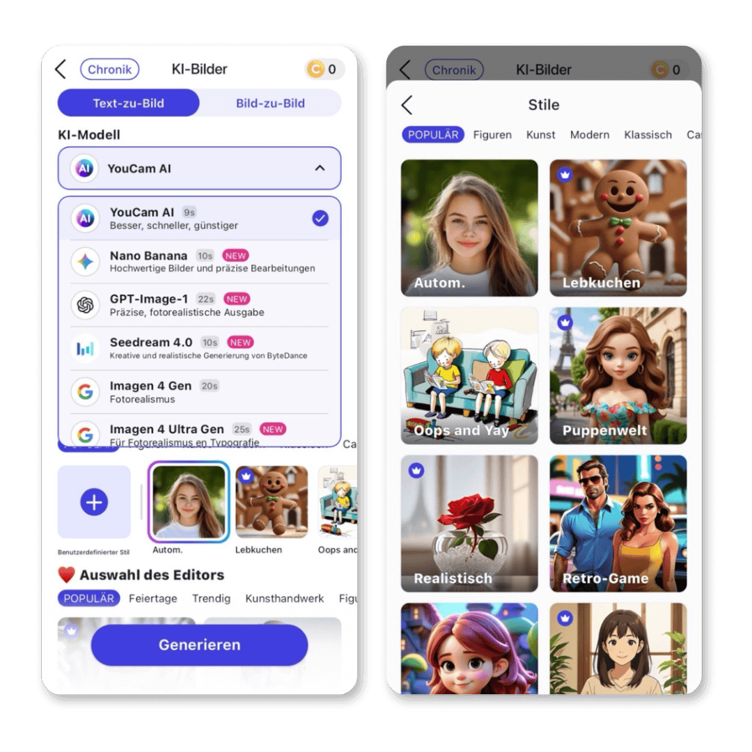 Auswahl des KI-Modells und eines kreativen Stils wie "Realistisch" in der YouCam AI Pro App zur Bilderstellung.