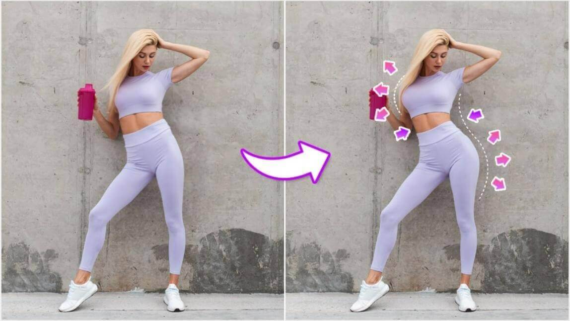 Vorher-Nachher-Bild einer Frau, deren Körper mit einer App bearbeitet wurde, um die Silhouette zu formen.