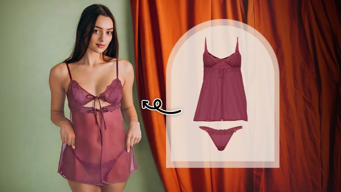 Modelo usando camisola de lingerie roxa ao lado da peça isolada, demonstrando o resultado do provador virtual de roupas com inteligência artificial.