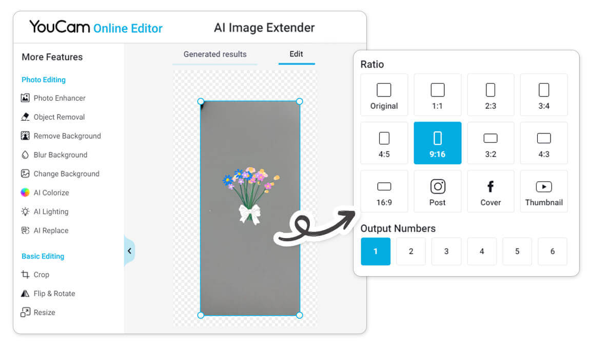The AI Image Extender tool creating a wider background for the flower bouquet.
