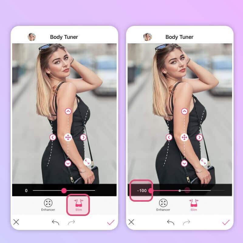 Eine Frau macht ihre Taille mit dem Body Tuner in der YouCam Makeup App schlanker.