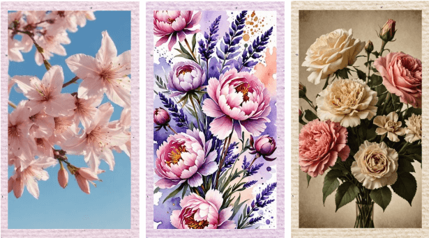 A collage showing flower bouquets in different styles: Anime, Watercolor, and Vintage.