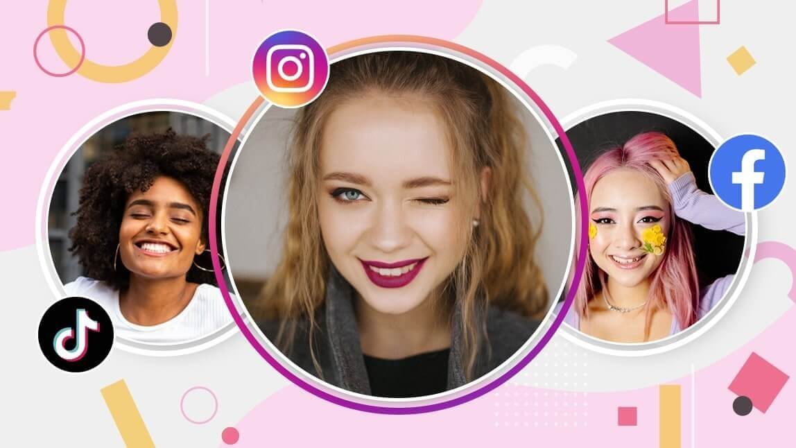 Grafik zum Thema 'Profilbild erstellen', die drei Frauen mit unterschiedlichen Stilen für Social-Media-Plattformen wie Instagram, TikTok und Facebook zeigt.