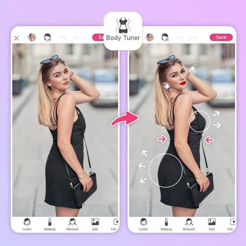 Eine Frau betont ihre Kurven mit dem 'Enhancer'-Werkzeug in der Body-Tune-App.