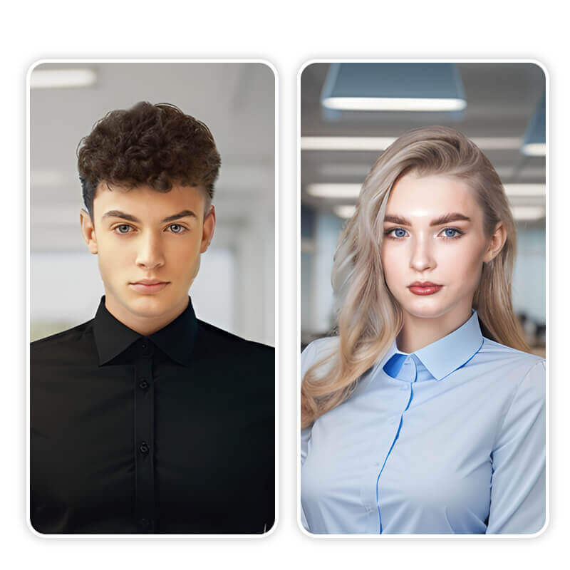 Zwei professionell aussehende Profilbilder nebeneinander, links von einem Mann und rechts von einer Frau