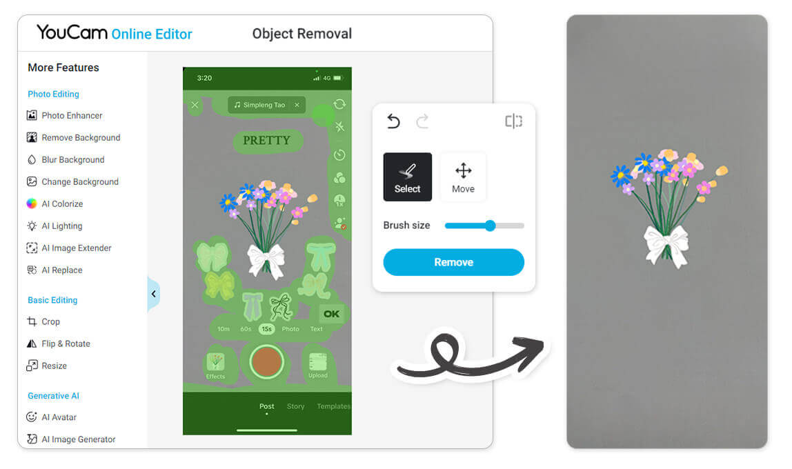 Interface of the YouCam Online Editor showing the Object Removal feature.
