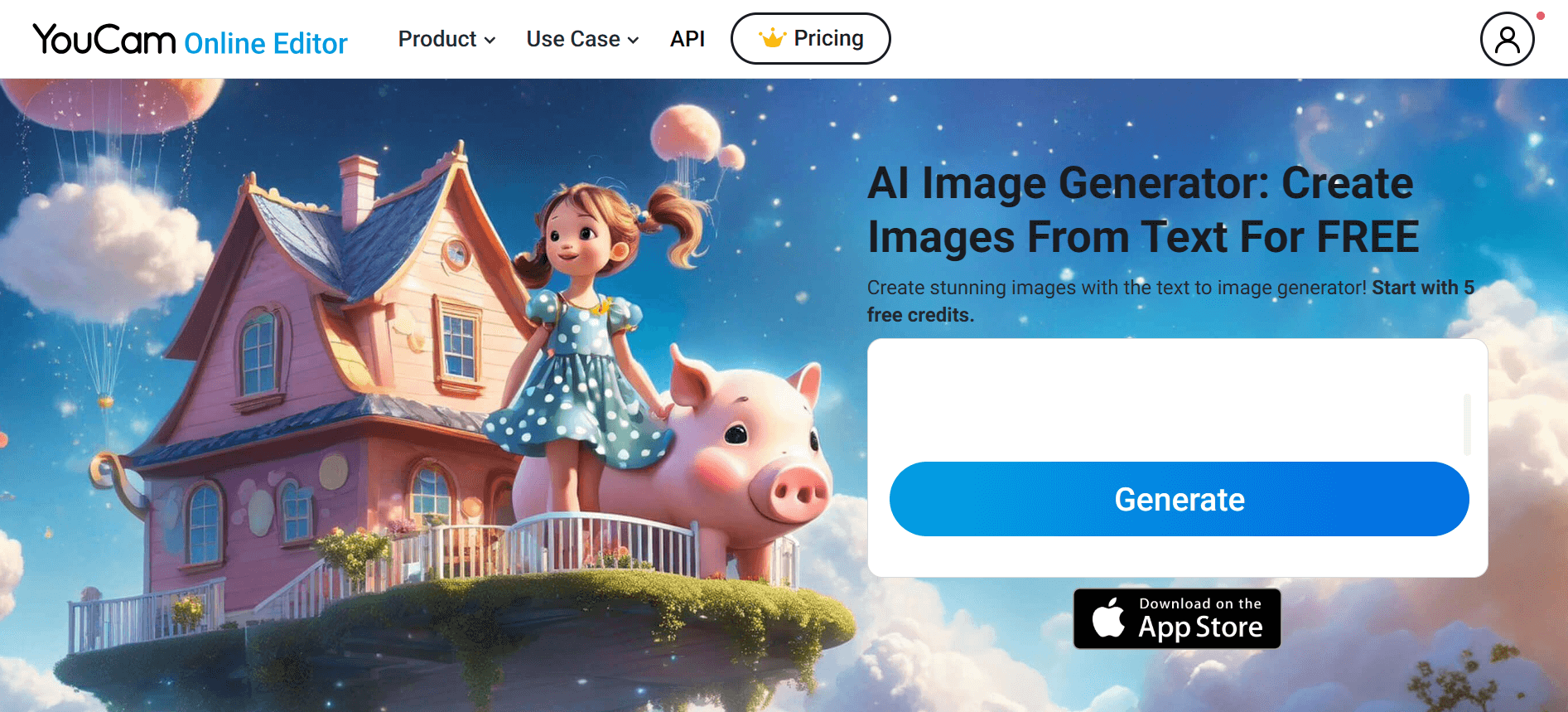 The homepage of the YouCam Online Editor AI Image Generator tool.