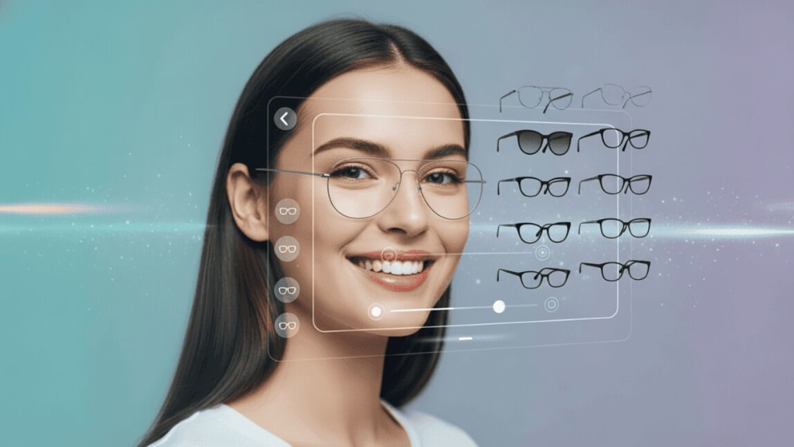 Mulher sorrindo usando aplicativo para testar óculos de grau virtualmente com interface de realidade aumentada e seleção de armações.