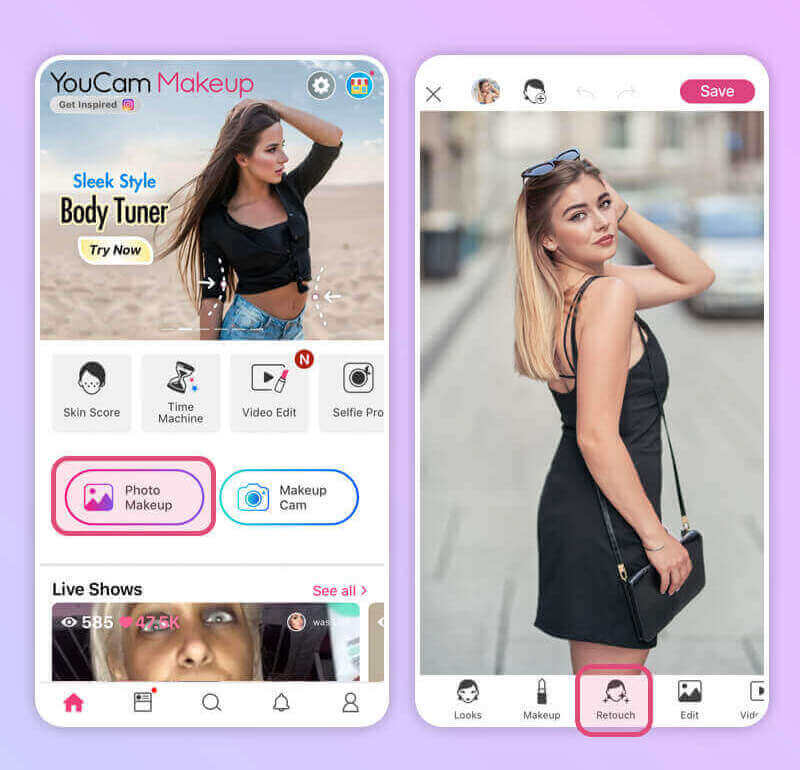 Screenshot der YouCam Makeup App, der die 'Body Tuner'-Funktion zur Bearbeitung des Körpers zeigt.