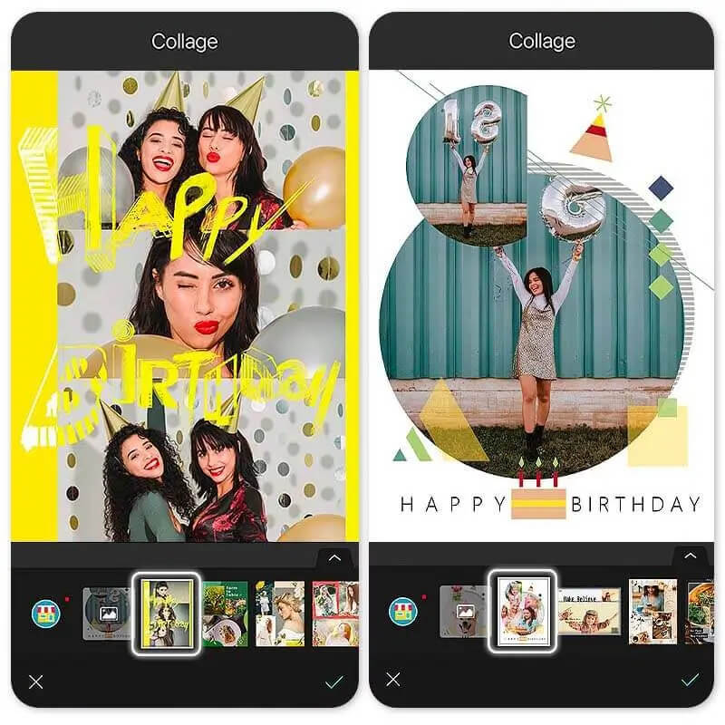 Vorlage für Geburtstagscollage auswählen Eine Auswahl an Vorlagen für Geburtstagscollagen in der YouCam Perfect App.