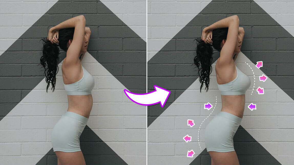 Eine Frau bearbeitet ihren Körper auf einem Foto mit der Body-Tune-App YouCam Makeup.