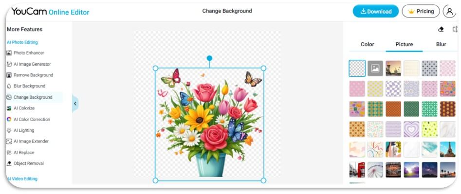 Before and after image showing a flower bouquet with its background removed using an AI tool.