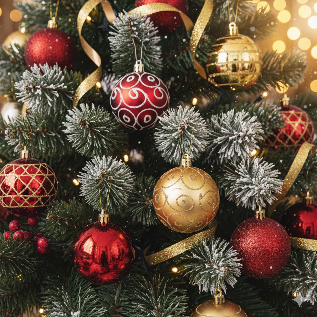 Fond de Noël boule rouge et doré et sapin