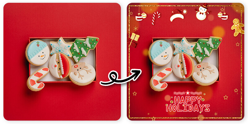 Antes e depois de adicionar uma moldura de natal na foto Comparação de uma foto antes e depois de adicionar uma moldura de natal grátis.