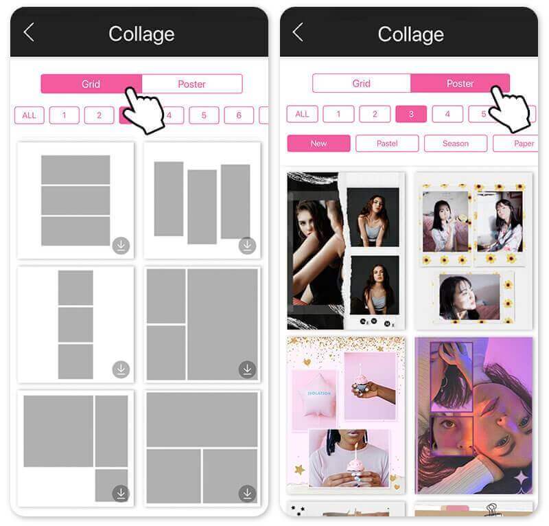 Die Auswahl zwischen Raster- und Poster-Vorlagen im Instagram-Story-Maker von YouCam Perfect.
