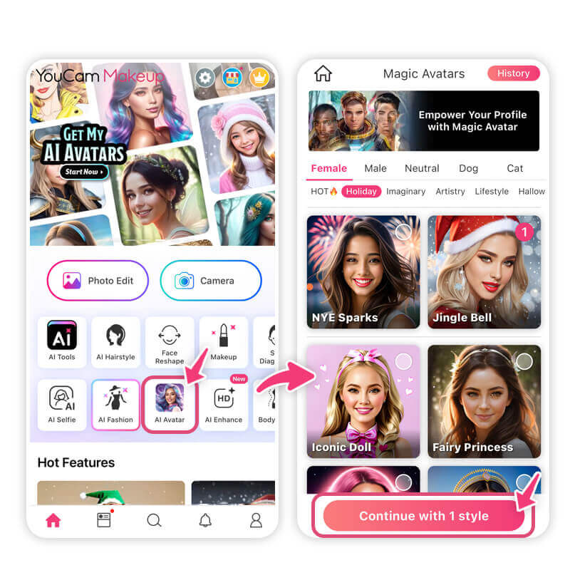 interface de YouCam Makeup para criar avatar de Natal