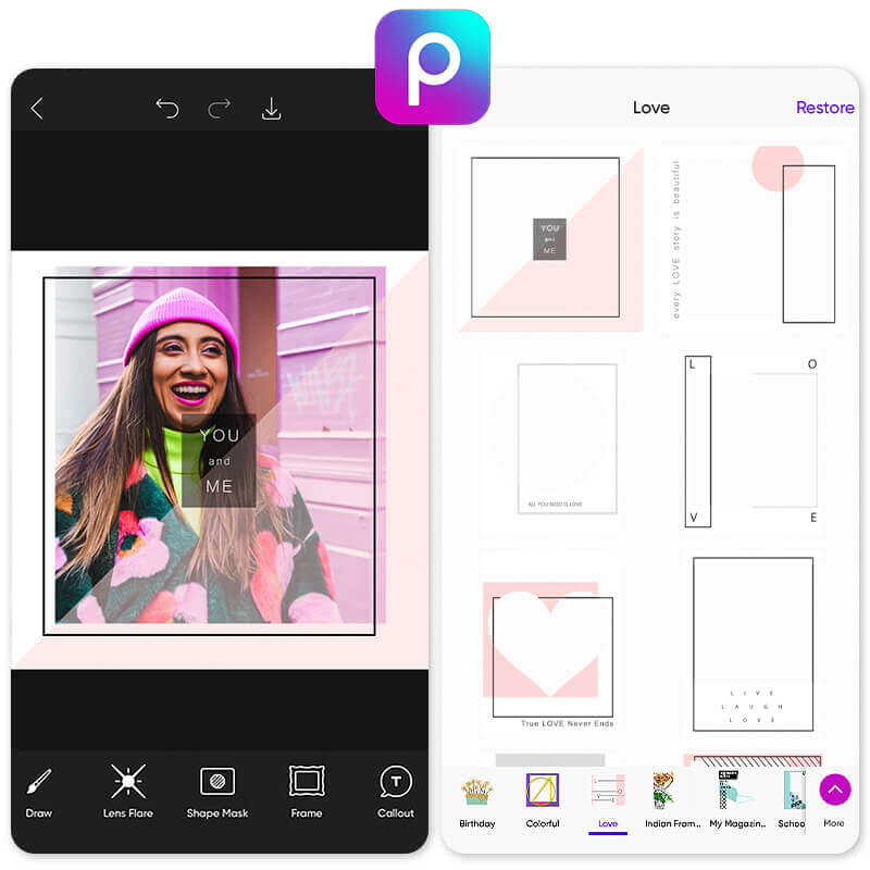 Meilleure appli cadre photo gratuite, interface de l'application Picsart 