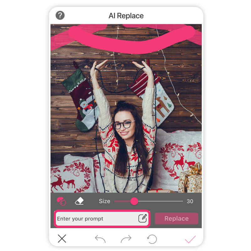 Just type in your word prompt and AI Replace will add Christmas light filter to your photos.